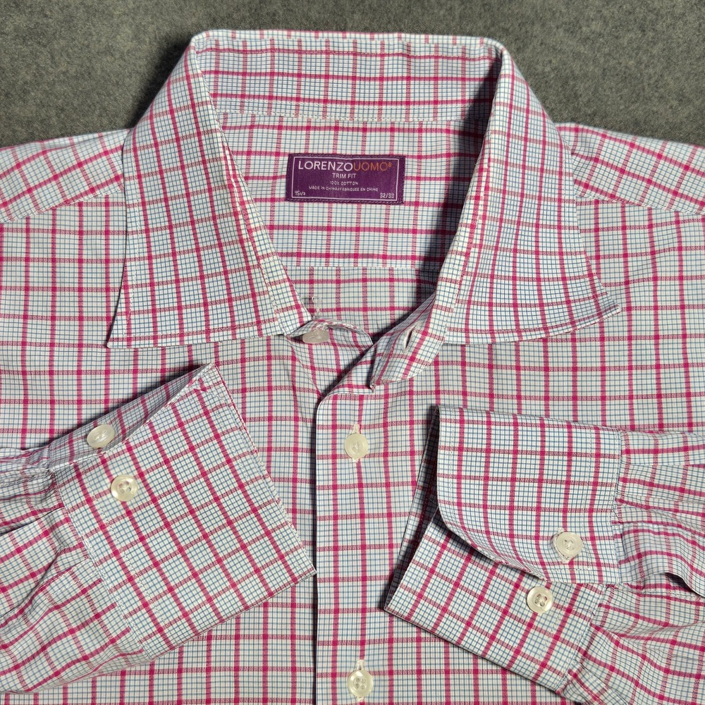 Lorenzo Uomo Trim Fit Dress Shirt Mens 15.5 32/33 Pink Blue Check Cotton Plaid